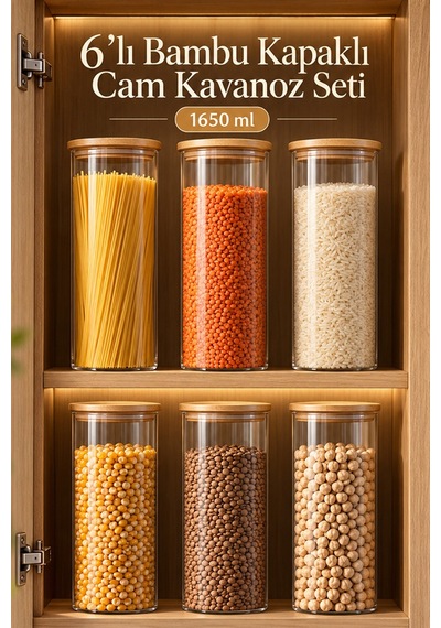 Porsima 3-3 Bambu Vakumlu Kapaklı Yuvarlak Cam 6lı Kavanoz Seti Saklama Kabı 1650ml 10x25cm Cam - Şeffaf