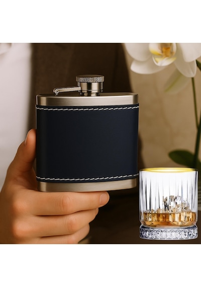 5 Oz 150 Cc Lacivert Deri Kılıflı Cep Tipi Çelik Viski İçki Matarası Ve Gold Viski Bardağı