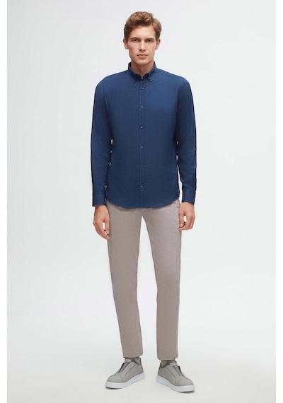 D'S Damat Ds Damat Slim Fit İndigo Oxford Düğmeli Yaka Kolay Ütülenebilir Nakış Detaylı Pamuklu Gömlek 4HC02ORT03265 İndigo