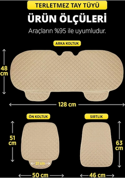 Organic Tay Tüyü Cepli & Bej Terletmez Sırtlı Oto Koltuk Minder Seti - Koltuk Koruma Kılıfı 3'lü Set