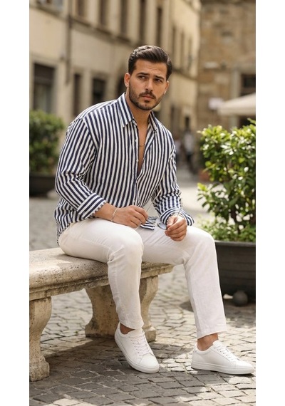 Veraura Lifestyle Erkek Dikey Çizgili Yarım Oversize Gömlek Lacivert