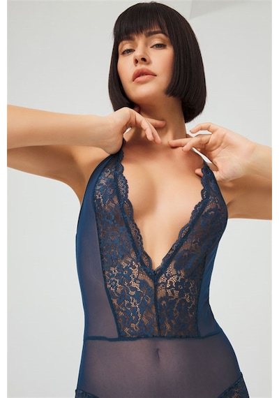Cottonhill Petrol Yeşili Çıtçıtlı Dantel Transparan Sırt Çapraz İpli Bodysuit P.yeşili