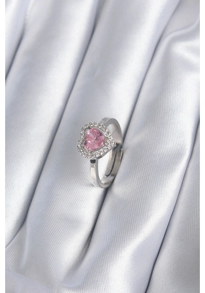 Pirinç Gümüş Renk Pembe Zirkon Taşlı Charm Model Kadın Yüzük 90183439