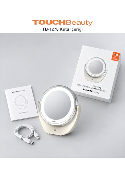 Touchbeauty Tb1276 Led Işıklı, Dounmatik Ekranlı, Şarj Edilebilir Makyaj Aynası 5x Büyütmeli Beyaz