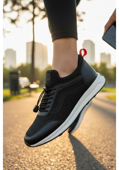 Enoch Erkek Günlük Spor Ayakkabı Klasik Dalga Şeritli Sneaker Rahat Kalıp Yürüyüş Modeli Siyah - Beyaz