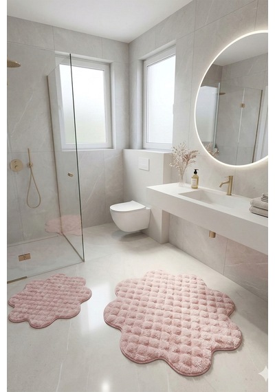 Bubble Papatya Banyo Paspası 2'li Set Pofuduk Yumuşak Peluş Kaymaz Taban Dekoratif Banyo Halısı Pembe