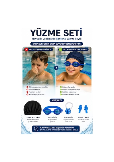 Yüzme Seti Mavi Gözlük Bone Kulak Tıkacı Burun Klipsi 4 Parça