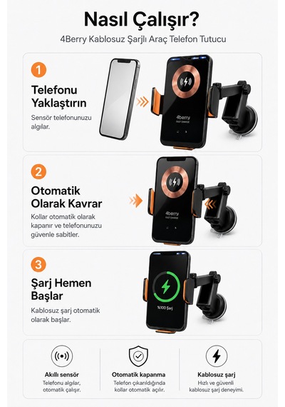 66w Manyetik Hızlı Şarjlı Kablosuz Araç Telefon Tutucu Otomatik Sensörlü, Vantuz Ve Klima Klipsli Siyah