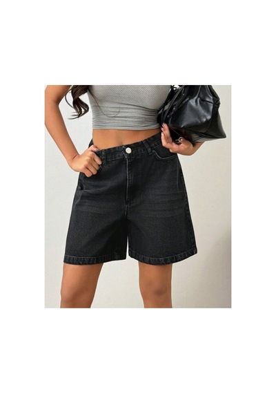 Kene Jeans Bıyıklı Siyah İşlemli Kot Denim Şort Siyah İşlemli