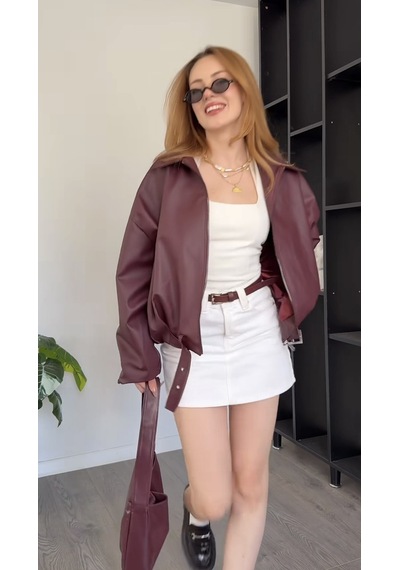 Prifaldi Premium Oversiz Bomber Deri Ceket Bordo