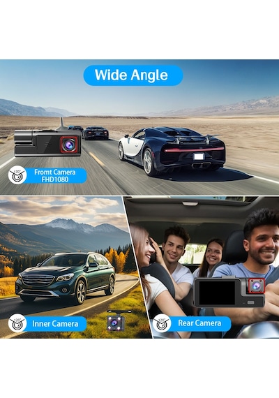 Süper Hd 1296p 3 Kameralı Araç İçi Dash Cam - G-sensör, Geniş Açı