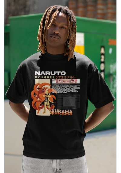 Tasarım Naruto Uzumaki Kurama Baskılı Unisex Oversize Anime Dizi Siyah