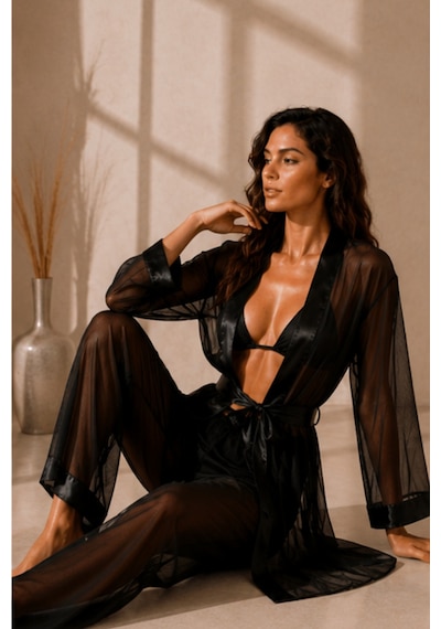 Qmen Style Kadın Şifon Kimono- Pijama - Şort Seti Siyah