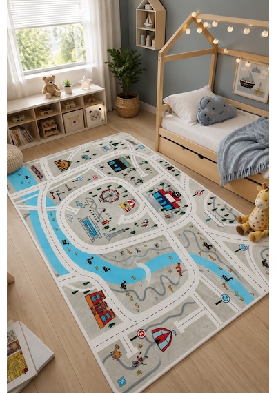 STY Home Trafik Çocuk Oyun Halısı Kaymaz Makinede Yıkanabilir Eğitici Bebek Ve Çocuk Odası Halısı Oyun74 Gri