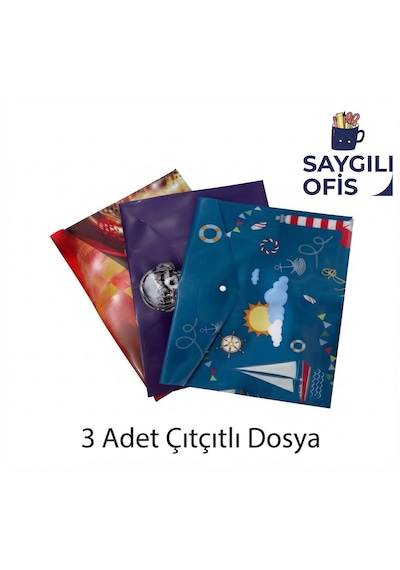 Saygılıofis Çıtçıtlı Zarf Dosya 3 Adet Erkek Çocuk Karışık Desenleri A4 Çıt Çıtlı