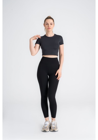 Kadın Antrasit Crop T-shirt Kısa Kollu, Bisiklet Yaka, Tüylenme Siyah