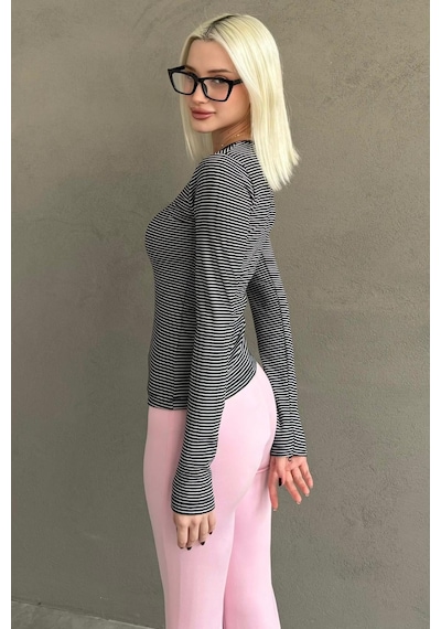 Siyah Çizgili Uzun Kollu Kadın Body Mg2657 Siyah