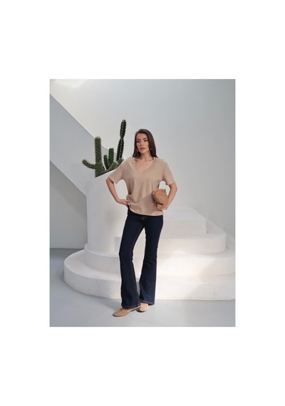 Paw Garage Kadın Massi İnterlok Kumaş V Yaka Oversize T-shirt Bej