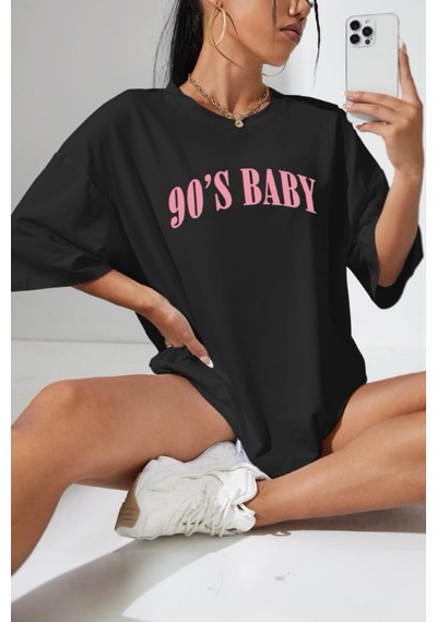 90's Baby Ön Baskılı Bisiklet Yaka Kadın Oversize Tshirt 001