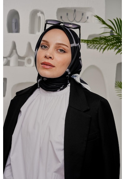 Afvente Geometrik Desen Siyah Soft Pamuk Eşarp