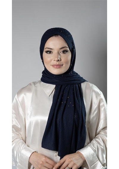 Hürrem Bone Lacivert Pratik Hazır Geçmeli Tesettür Şal Örme Kumaş Taş Desenli 2118t 02