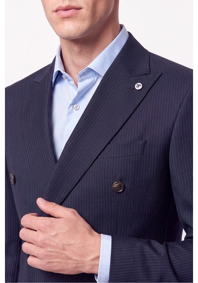 Efor Slim Fit Çift Yırtmaç %95 Pamuk Sık Çizgili Lacivert Kruvaze Takım Elbise Tk 944