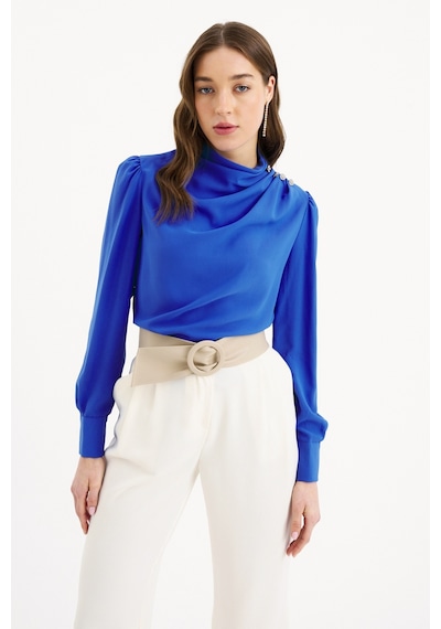 Sateen Düğmeleri Taş Detaylı Bluz - İndigo