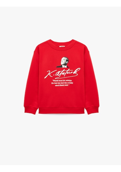 Koton Atatürk Baskılı Uzun Kollu Bisiklet Yaka Pamuklu Sweatshirt Kırmızı 7wkg10705ak