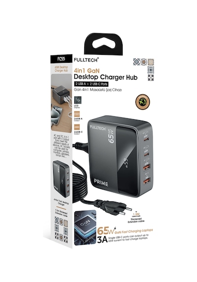 Fulltech Fc55 65w Gan Masaüstü Şarj Cihazı 4 Lü 2x Usb-c + 2x Usb-a Hızlı Şarj Hub, Lcd Ekranlı, 1