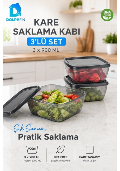 3 Lü Kare Saklama Kabı Seti 3x900 Ml Füme Şeffaf Siyah Kapaklı Bpa İçermez