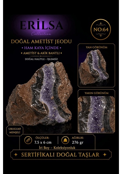 Sertifikalı Doğal Ametist Jeodu Akik Bantlı Kristal Kuvars Ham Ka 21569262