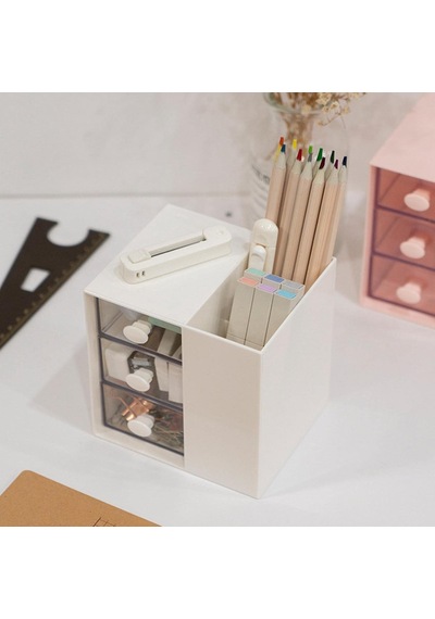 Masaüstü Kalemlik Organizer 7 Bölmeli Kawaii Kapaklı Mini Çekmeceli Kalemlik - Beyaz Beyaz