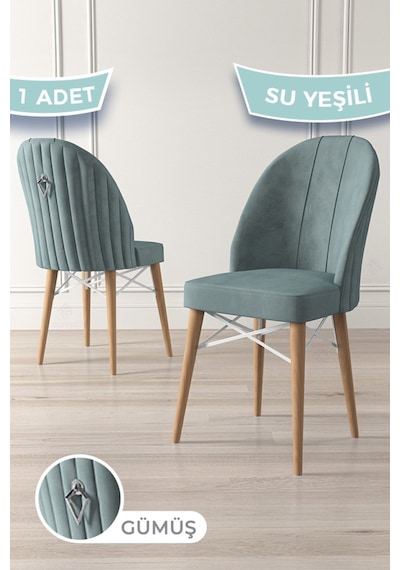 Canisa Ritim Serisi 1 Adet Su Yeşili Sandalye 1.sınıf Babyface Ithal Kumaş Doğal Ahşap Ayak Gümüş Halkalı Sandalye Su Yeşili Ayaklar Doğal Ahşap