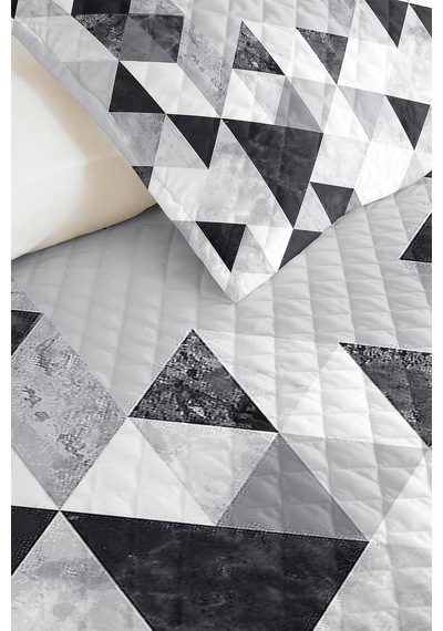 Gri Geometrik Genç Odası Tek Kişilik Pike Takımı - Siyah Modern 160x220 Cm Kapitone Yatak Örtüsü Mahmur Kadife Ufku