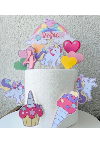Unicorn Temalı İsme Özel Kız Çocuk Doğum Günü Pasta Süsü Seti