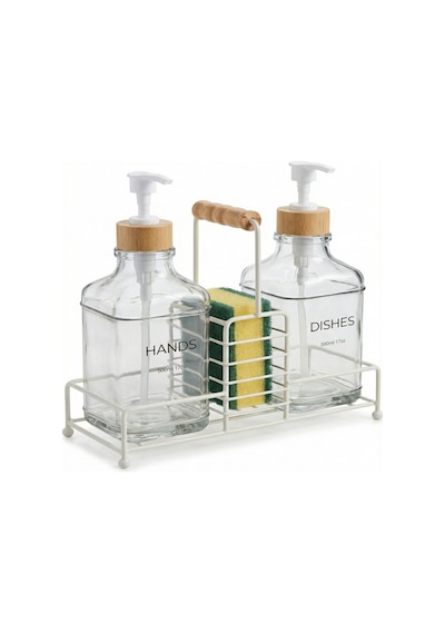 Makri Home Lüks Bambu Kulplu Beyaz Metal Stantlı İkili Cam Sıvı Sabunluk 500 Ml, 23x9x23,5 Cm