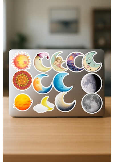 Ay Ve Güneş Temalı Bullet Journal Telefon Laptop Yapışkanlı Folyo Sticker Paketi 20 Adet Çok Renkli