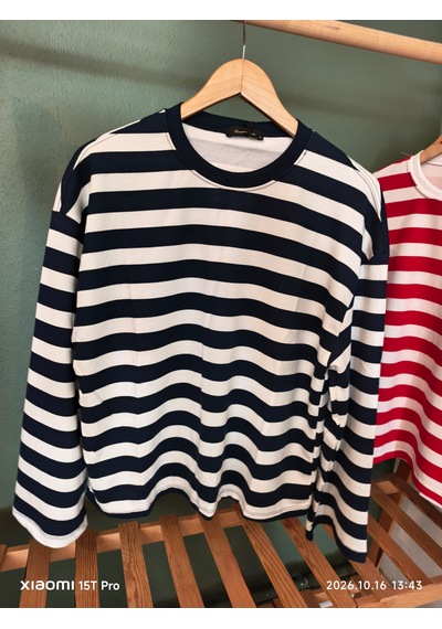 Trendall Lacivert Çizgili Beyaz Renk Basic Uzun Kollu Tshirt