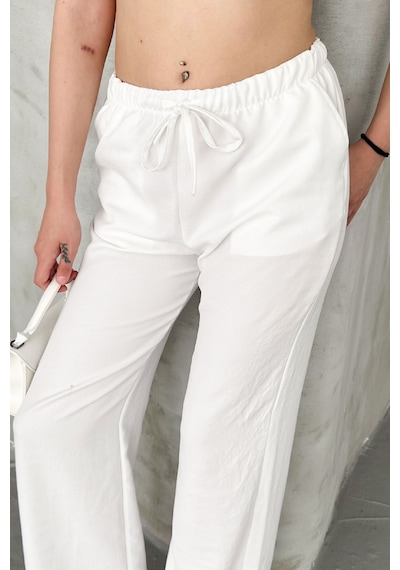 HLT Jeans Beyaz Kadın Bel Lastik Detaylı İnce Dökümlü Baggy Keten Pantolon Emily-3021 Beyaz