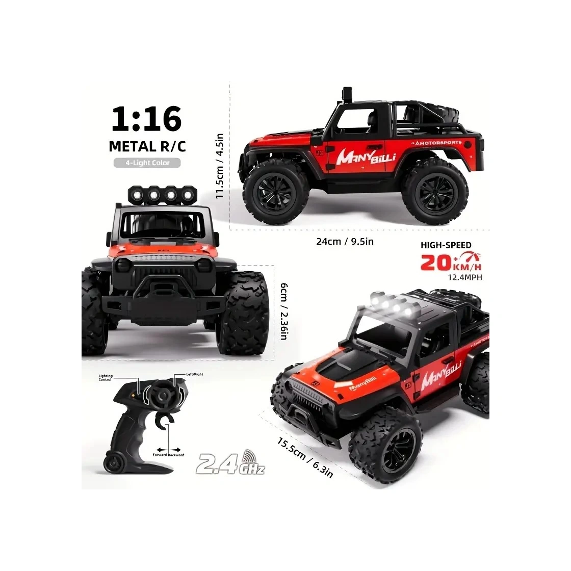 1:16 Off Road Şarjlı Rc Uzaktan Kumandalı Renkli Farlar Kırmızı Arazi Aracı 20 Km/s Hızında Hediyeli