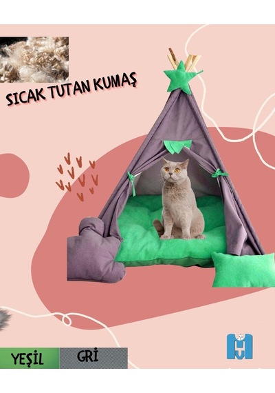 Küçük Irk Köpek Ve Kedi Çadırı Yıkanabilir Soft Yırtılmaz Kumaş Doğal Ahşap Yeşil Gri