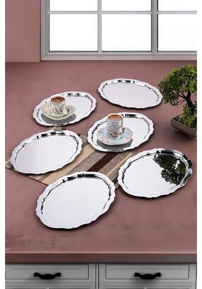 6 Adet Oval Dalgalı Sade Kahve Ve Sunum Tepsisi 20 Cm X 25 Cm, Gümüş