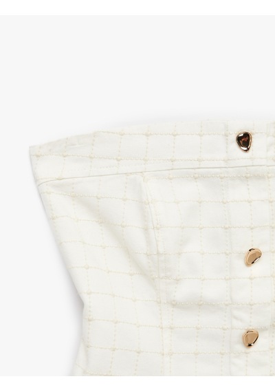Koton Pamuklu Düğmeli Ekoseli Slim Fit Straplez Korse Bluz Kırık Beyaz 6sal30004mw Ekru