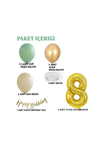 8 Yaş Küf Yeşili Deniz Kumu Ve Krom Gold Balonlu Konsept Doğum Günü Seti