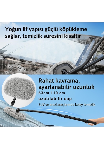 Coofbe 3 Kademe Geniş Ağız Teleskopik Mikrofiber Araç Yıkama Fırçası Kuru Islak Oto Yıkama Fırçası 1 Adet