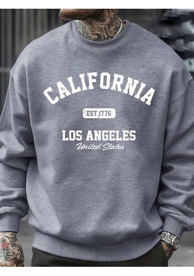 Startmore Tarzsokak Kaliforniya Los Angeles Baskılı Sweatshirt Erkek Sokak Modası Spor Tişörtü Sonbahar Büyük Bed Gri