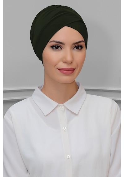 Hürrem Bone Haki Pratik Hazır Geçmeli Tesettür Bone Sandy Kumaş Çapraz Büzgül Haki