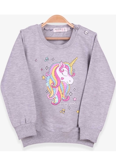 Breeze Kız Çocuk Sweatshirt Baskılı Pullu Unicorn 2-6 Yaş, Gri Me (541263997) Çok Renkli
