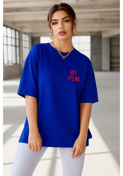 Hey It's Me Baskılı Oversize T-shirt Saks Mavisi