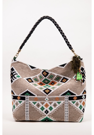 Fabric Craft Bag Omuz Çantası Jakar Dokuma Etnik Desen Gri Yeşil Gri - Yeşil